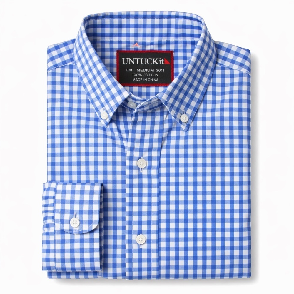 UNTUCKit Men’s Button-Down Shirt – Blue Gingham – Size Medium – 100% Cotton